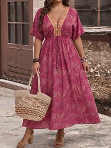 Breezaya Plus Size Women's Fashion Casual Boho Flattering Vintage Ditsy Floral V-Neck Cinched Waist Long Dress Vacation Pastel Summer - Multicolor - View 3