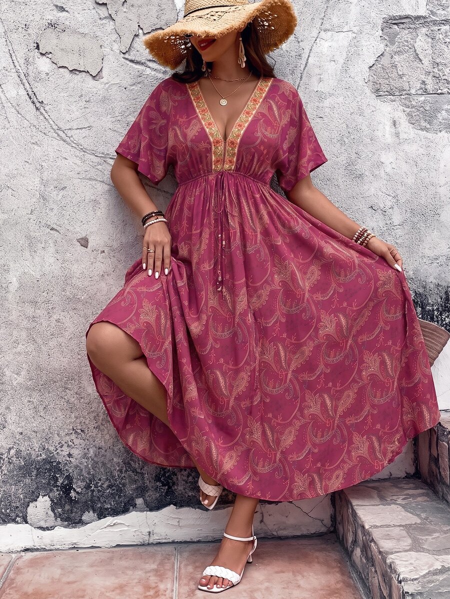 Breezaya Plus Size Women's Fashion Casual Boho Flattering Vintage Ditsy Floral V-Neck Cinched Waist Long Dress Vacation Pastel Summer - Multicolor - View 1