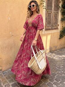 Breezaya Plus Size Women's Fashion Casual Boho Flattering Vintage Ditsy Floral V-Neck Cinched Waist Long Dress Vacation Pastel Summer - Multicolor - View 4