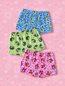 THE POWERPUFF GIRLS X SHEIN 3pcs Young Girl Hipster Panties, Leopard Print Heart Cartoon Pattern, Comfortable Daily Wear For Students - Multicolor - View 2