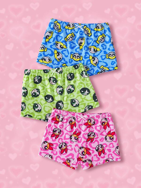 THE POWERPUFF GIRLS X SHEIN กางเกงในฮิปสเตอร์เด็กผู้หญิง 3 ชิ้น ลายการ์ตูนหัวใจพิมพ์ลายเสือดาว สวมใส่สบายสำหรับนักเรียนในชีวิตประจำวัน