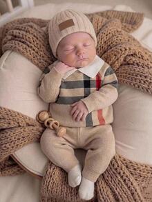 SHEIN Baby Boys Sweater Co-Ords 2-Piece Set, Colorblock Beige Collared Pullover Top + Knit Long Pants, Stylish Preppy Classy Outfit For Daily Wear, School - Apricot - View 2