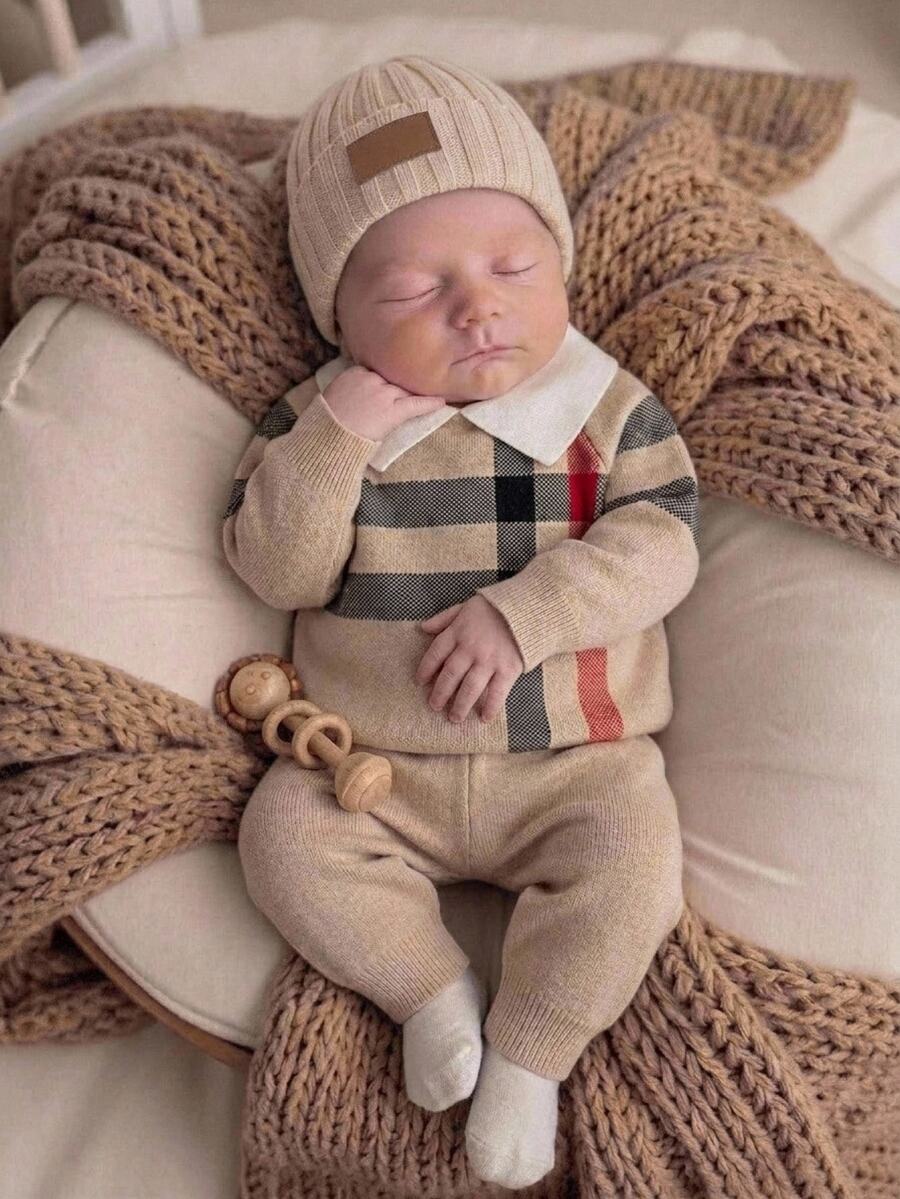 SHEIN Baby Boys Sweater Co-Ords 2-Piece Set, Colorblock Beige Collared Pullover Top + Knit Long Pants, Stylish Preppy Classy Outfit For Daily Wear, School