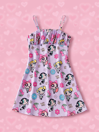 THE POWERPUFF GIRLS X SHEIN 1 pezzo Vestito casual divertente con stampa cartoni animati, comodo, con spalline sottili, per ragazze pre-adolescenti