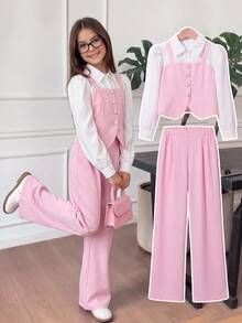 SHEIN 青少年女孩秋季套裝 泡泡袖拼接珍珠鈕扣背心上衣與直筒長褲 2件套 - 粉色 - 查看 8