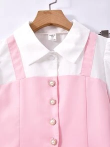 SHEIN 青少年女孩秋季套裝 泡泡袖拼接珍珠鈕扣背心上衣與直筒長褲 2件套 - 粉色 - 查看 7