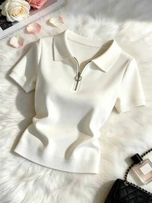 GlowEve Women's Solid Color Lapel Collar Simple Versatile T-Shirt - White - View 1