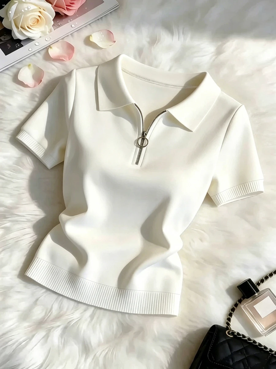 GlowEve Women's Solid Color Lapel Collar Simple Versatile T-Shirt - White - View 1