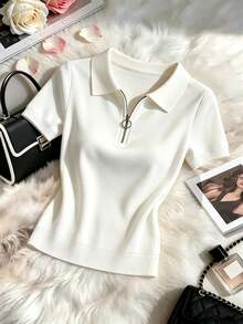GlowEve Women's Solid Color Lapel Collar Simple Versatile T-Shirt - White - View 8