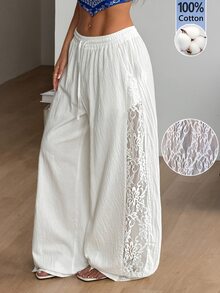 Coolane 女款大尺碼秋季外出正式度假海灘休閒優雅波希米亞風收腰棉質寬鬆白色蕾絲拼接長褲 - 白色 - 查看 2
