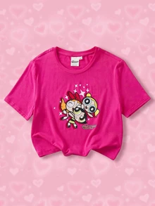 THE POWERPUFF GIRLS X SHEIN Tween Girl Cartoon Print Short Sleeve T-Shirt - Pink - View 1