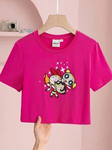 THE POWERPUFF GIRLS X SHEIN Tween Girl Cartoon Print Short Sleeve T-Shirt - Pink - View 3
