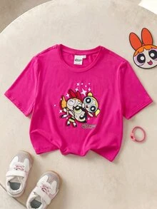 THE POWERPUFF GIRLS X SHEIN Tween Girl Cartoon Print Short Sleeve T-Shirt - Pink - View 4