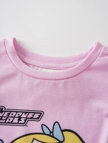 THE POWERPUFF GIRLS X SHEIN Baby Girl Cute Cartoon Pattern Printed T-Shirt And Casual Shorts Set - Pink - View 5