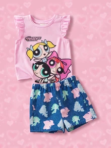THE POWERPUFF GIRLS X SHEIN Baby Girl Cute Cartoon Pattern Printed T-Shirt And Casual Shorts Set - Pink - View 1