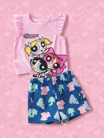 THE POWERPUFF GIRLS X SHEIN Baby Girl Cute Cartoon Pattern Printed T-Shirt And Casual Shorts Set