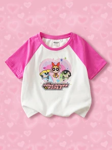 THE POWERPUFF GIRLS X SHEIN 青少年女孩卡通印花撞色短袖T恤 - 彩色 - 查看 1