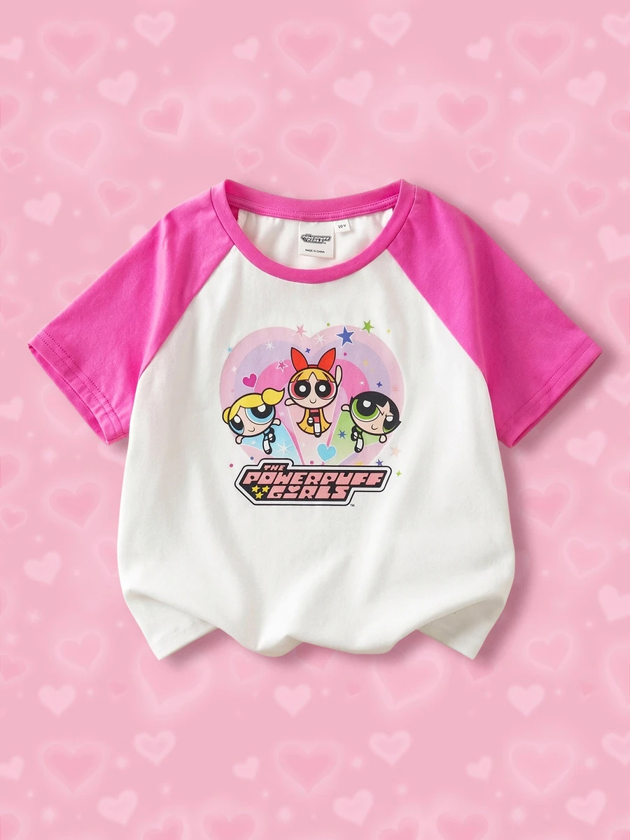 THE POWERPUFF GIRLS X SHEIN 青少年女孩卡通印花撞色短袖T恤 - 彩色 - 查看 1