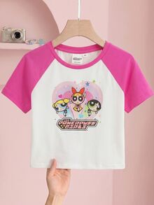 THE POWERPUFF GIRLS X SHEIN 青少年女孩卡通印花撞色短袖T恤 - 彩色 - 查看 3