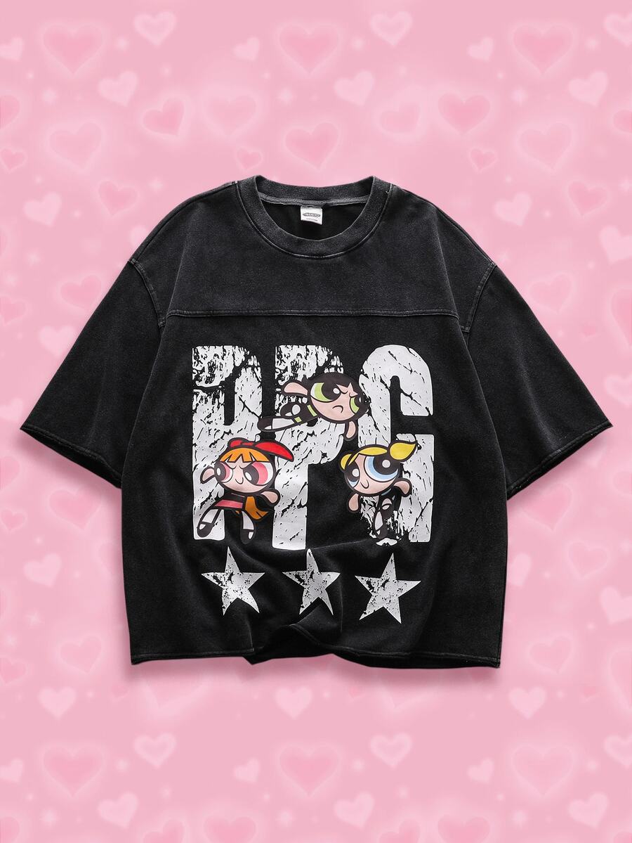 THE POWERPUFF GIRLS X SHEIN Men's Round Neck Short Sleeve Casual T-Shirt - - Black - View 1