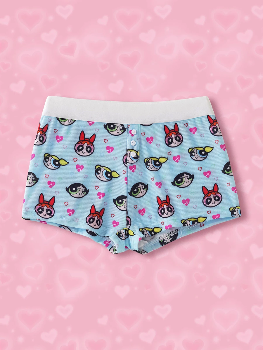 THE POWERPUFF GIRLS X SHEIN Women's Cute Cartoon Print Comfortable Boxer Shorts - Blue - View 1