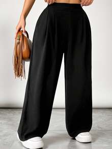 SHEIN VCAY Plus Size Solid Color Elastic Waist Pocket Relaxed Straight Pants Fall - Black - View 3