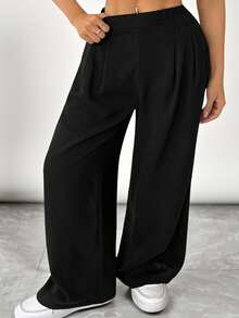 SHEIN VCAY Plus Size Solid Color Elastic Waist Pocket Relaxed Straight Pants Fall - Black - View 4