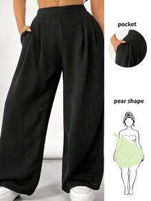 SHEIN VCAY Plus Size Solid Color Elastic Waist Pocket Relaxed Straight Pants Fall - Black - View 6