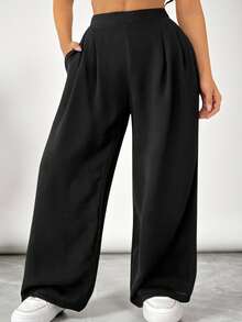 SHEIN VCAY Plus Size Solid Color Elastic Waist Pocket Relaxed Straight Pants Fall - Black - View 1