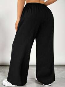 SHEIN VCAY Plus Size Solid Color Elastic Waist Pocket Relaxed Straight Pants Fall - Black - View 2