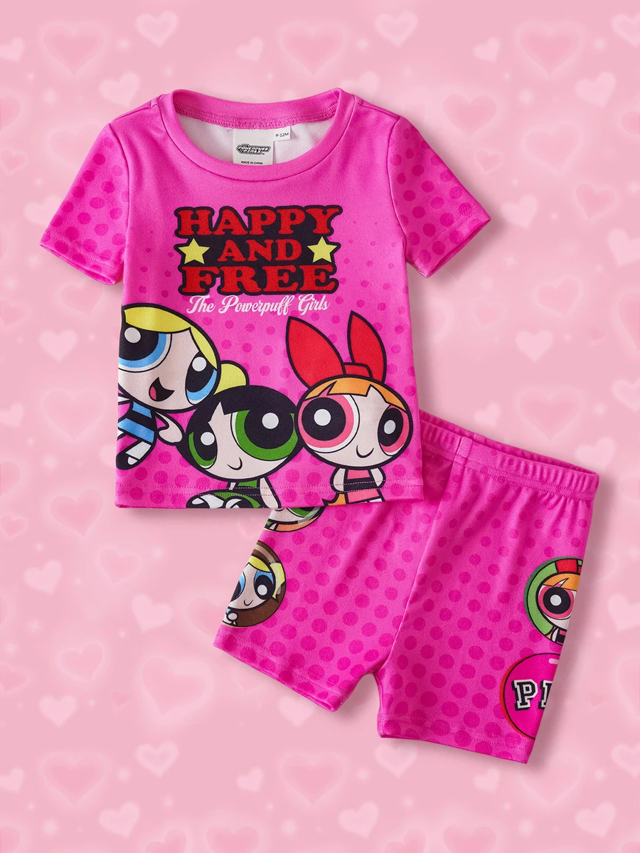 THE POWERPUFF GIRLS X SHEIN Baby Girl Cartoon Pattern Letter Print Round Neck Short Sleeve Top And Fitted Shorts Loungewear Set - Pink - View 1