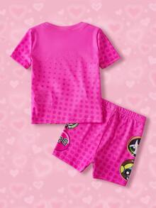 THE POWERPUFF GIRLS X SHEIN Baby Girl Cartoon Pattern Letter Print Round Neck Short Sleeve Top And Fitted Shorts Loungewear Set - Pink - View 2