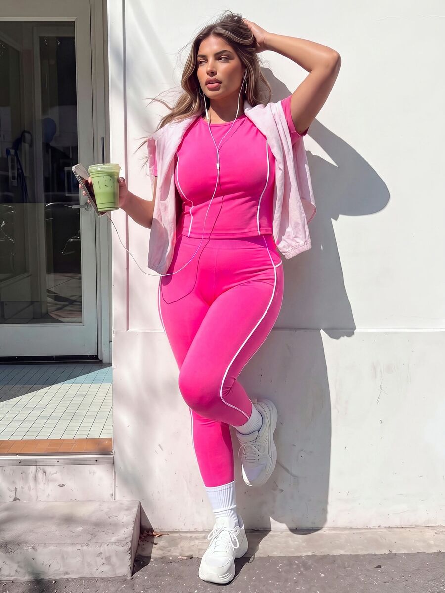 Dewbera Dewbera Setelan Olahraga Atasan Pendek dan Legging Ukuran Plus Wanita - Hot Pink - View 1
