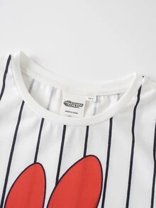 THE POWERPUFF GIRLS X SHEIN Conjunto de camiseta y pantalones cortos con estampado de rayas y dibujos animados para niña preadolescente - Blanco - Ver 4