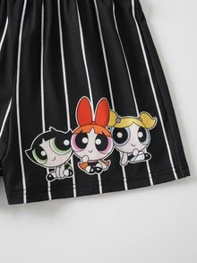 THE POWERPUFF GIRLS X SHEIN Conjunto de camiseta y pantalones cortos con estampado de rayas y dibujos animados para niña preadolescente - Blanco - Ver 7