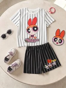THE POWERPUFF GIRLS X SHEIN Conjunto de camiseta y pantalones cortos con estampado de rayas y dibujos animados para niña preadolescente - Blanco - Ver 10
