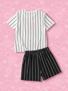 THE POWERPUFF GIRLS X SHEIN Conjunto de camiseta y pantalones cortos con estampado de rayas y dibujos animados para niña preadolescente - Blanco - Ver 2