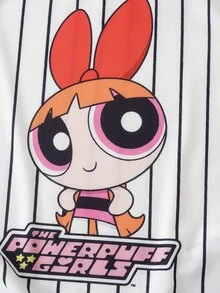 THE POWERPUFF GIRLS X SHEIN Conjunto de camiseta y pantalones cortos con estampado de rayas y dibujos animados para niña preadolescente - Blanco - Ver 5