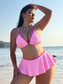 SHEIN Swim Curve 大尺碼女款兩件式性感海灘裝夏季套裝：細肩帶波點印花上衣搭配對比色荷葉邊比基尼泳褲，比基尼套裝 - 粉色 - 查看 5