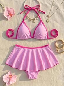 SHEIN Swim Curve 大尺碼女款兩件式性感海灘裝夏季套裝：細肩帶波點印花上衣搭配對比色荷葉邊比基尼泳褲，比基尼套裝 - 粉色 - 查看 3