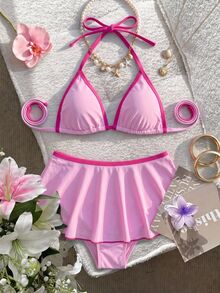 SHEIN Swim Curve 大尺碼女款兩件式性感海灘裝夏季套裝：細肩帶波點印花上衣搭配對比色荷葉邊比基尼泳褲，比基尼套裝 - 粉色 - 查看 8