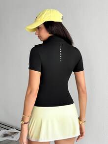 Dewbera Dewbera Women's Short Sleeve Zipper Front Slim Fit Sports Jacket - Black - View 2