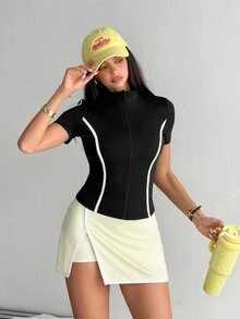Dewbera Dewbera Women's Short Sleeve Zipper Front Slim Fit Sports Jacket - Black - View 7