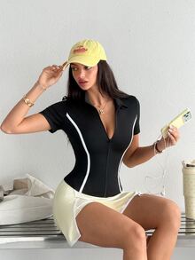 Dewbera Dewbera Women's Short Sleeve Zipper Front Slim Fit Sports Jacket - Black - View 4