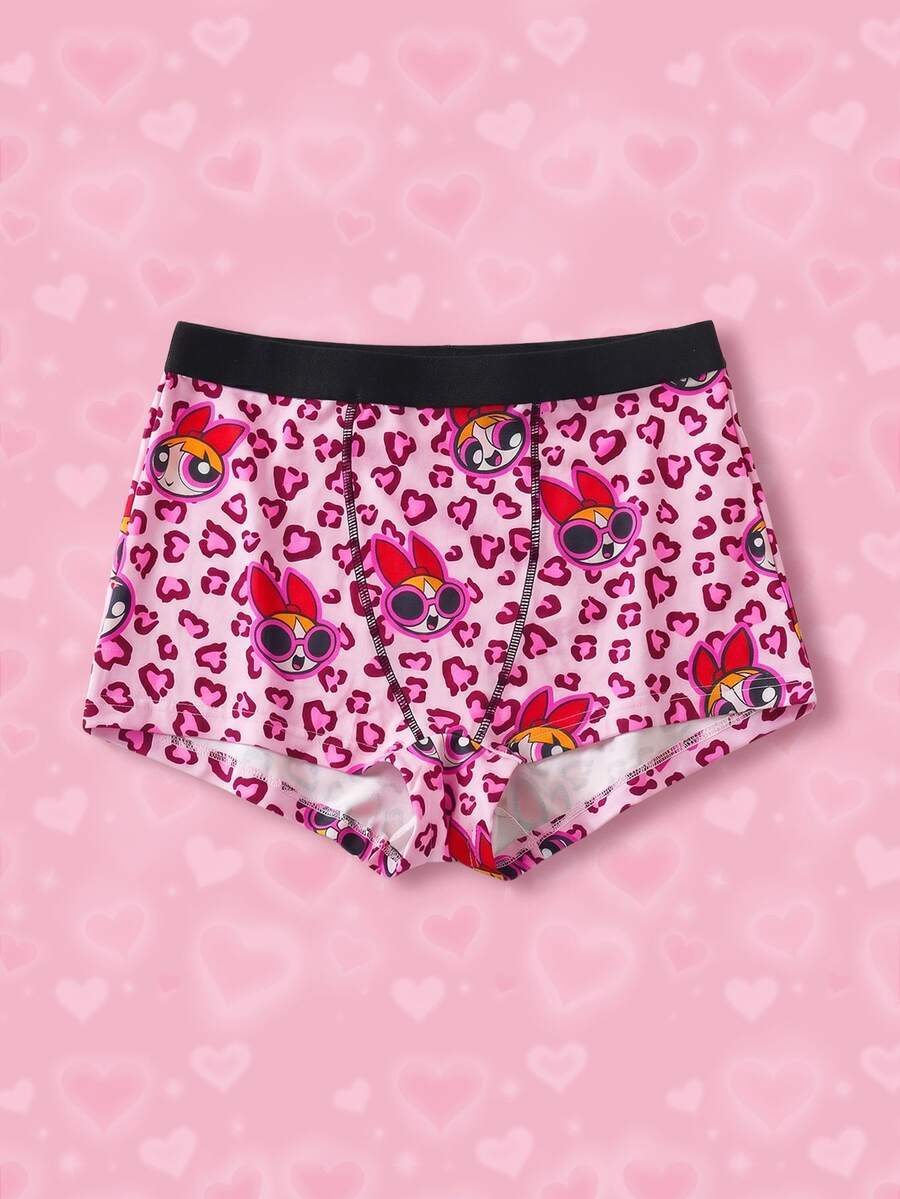 THE POWERPUFF GIRLS X SHEIN Women's Leopard Print Cartoon Graphic Boxer Briefs - Hot Pink - View 1