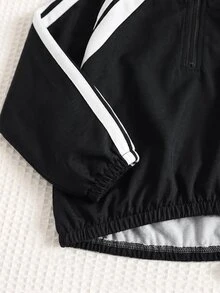 SHEIN 男嬰 2件組 加厚工裝風黑色立領夾克長袖衛衣與黑色慢跑褲套裝，舒適百搭休閒時尚日常運動簡約基本款，適合秋冬室內、戶外滑雪、日常、運動、派對、拍照 - 黑與白 - 查看 5