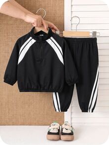 SHEIN 男嬰 2件組 加厚工裝風黑色立領夾克長袖衛衣與黑色慢跑褲套裝，舒適百搭休閒時尚日常運動簡約基本款，適合秋冬室內、戶外滑雪、日常、運動、派對、拍照 - 黑與白 - 查看 7