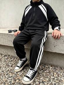 SHEIN 男嬰 2件組 加厚工裝風黑色立領夾克長袖衛衣與黑色慢跑褲套裝，舒適百搭休閒時尚日常運動簡約基本款，適合秋冬室內、戶外滑雪、日常、運動、派對、拍照 - 黑與白 - 查看 6
