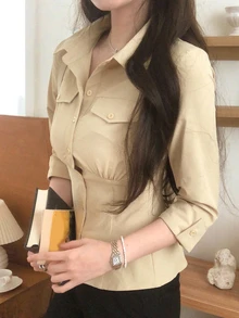 DAZY 女款時尚極簡鈕扣百褶襯衫 職場商務辦公 秋季 - 卡其色 - 查看 2