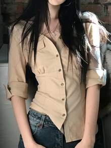 DAZY 女款時尚極簡鈕扣百褶襯衫 職場商務辦公 秋季 - 卡其色 - 查看 1